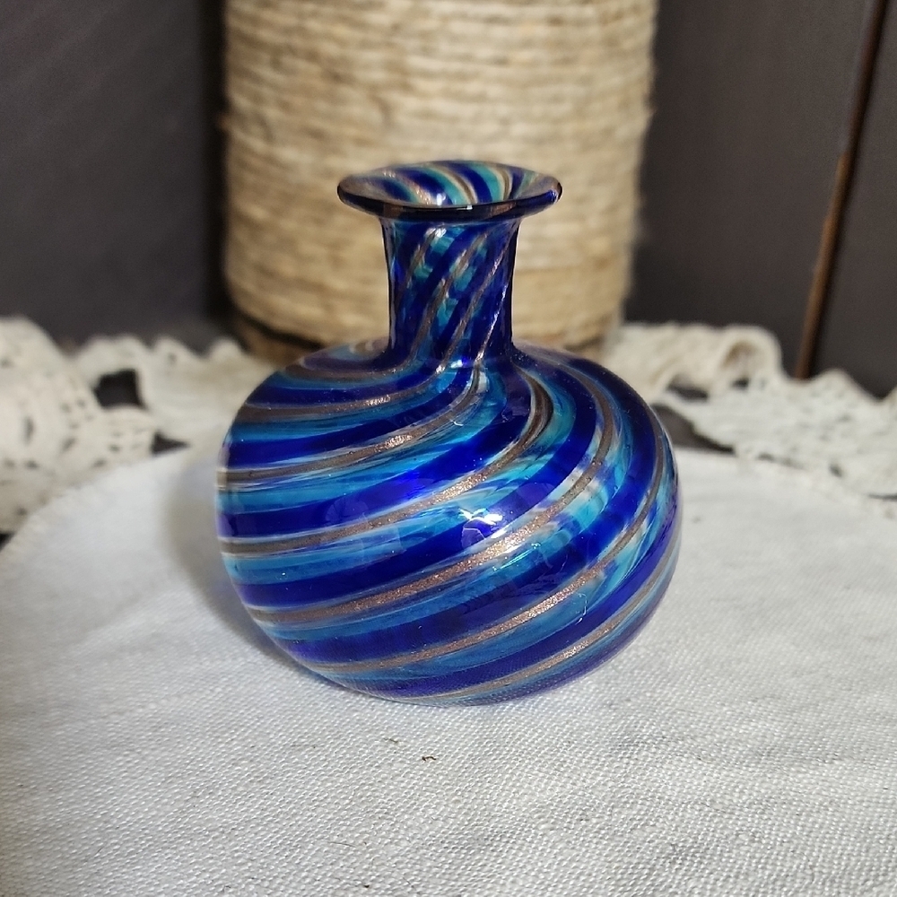 Murano Hand Blown Glass Blue and Silver Swirled Glass Vase/bottle